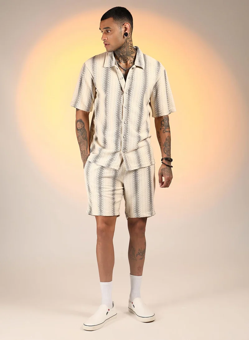 Campus Sutra Men's Ivory White & Midnight Black Texture-Striped Co-Ord Set For Casual Wear | Spread Collar | Short Sleeve | Button Closure | Co-Ords Crafted With Comfort Fit For Everyday Wear